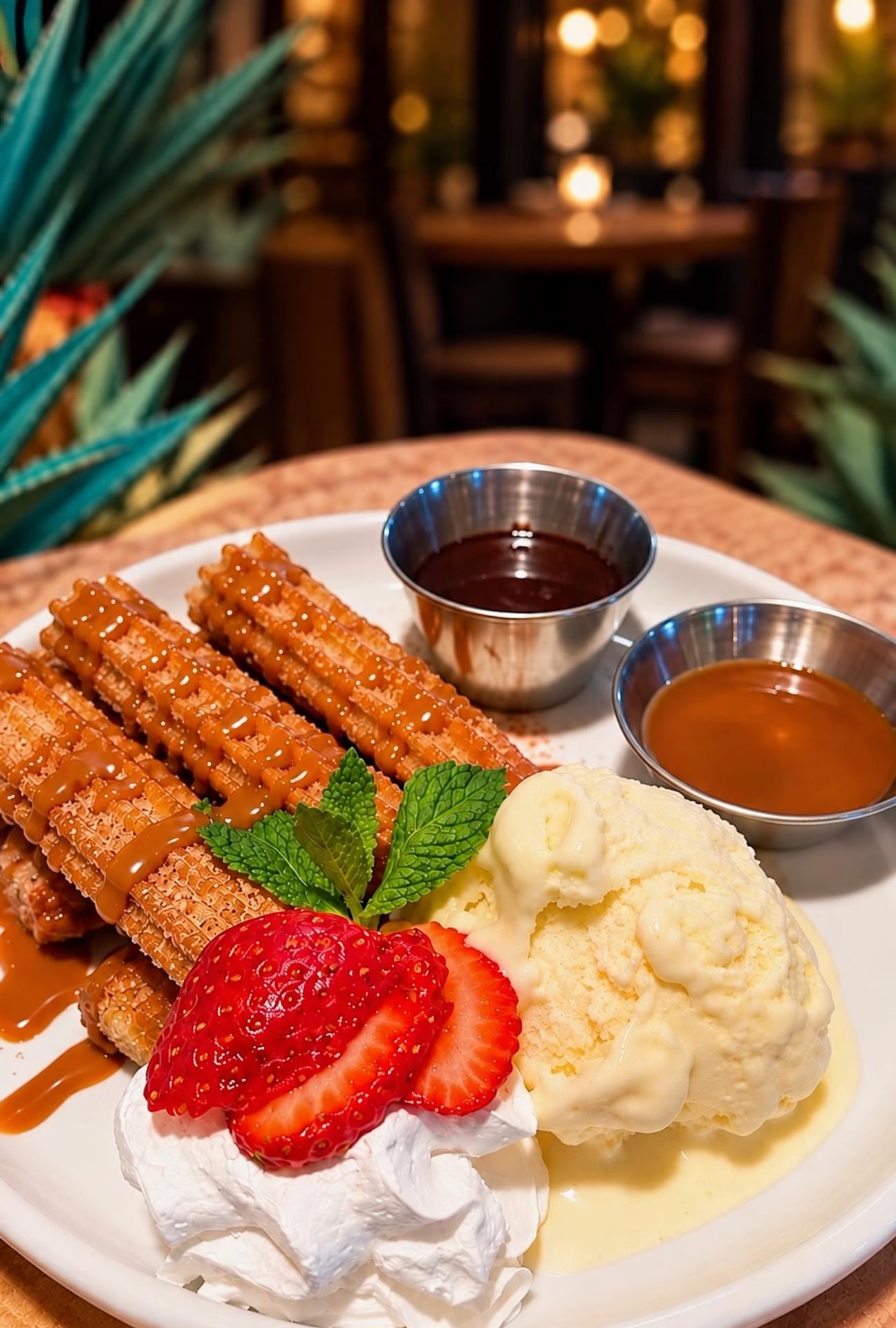 Churros with ice cream, strawberries and dipping sauces